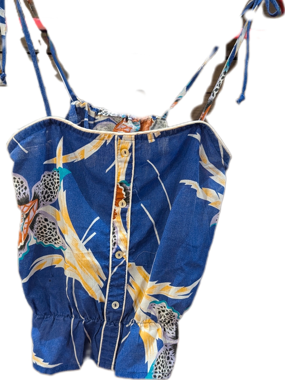 Vintage Blue Tropical Print Tank Top with Yellow & Teal Accents